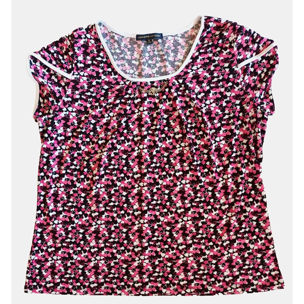 Adrienne Vittadini Women’s XL Shirt Pink/Black Heart Pattern Short Sleeve